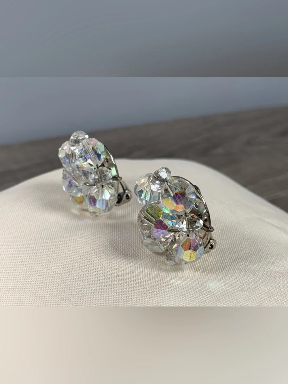 Vintage Beaded Cluster AB Iridescent Clip On Earrings Clear